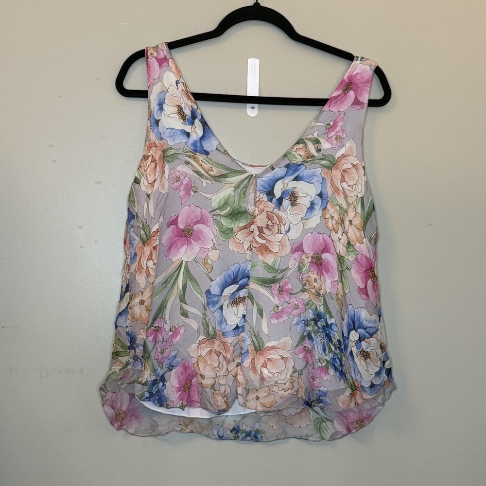 Lara G Made in Italy Floral‎ Silk Blend Tank Top V-Neck Sleeveless Blouse Small